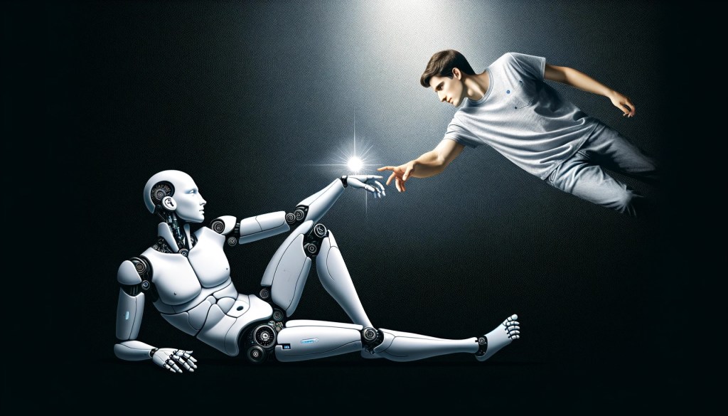 A modern reinterpretation of Michelangelo’s 'The Creation of Adam,' depicting a human reaching out to touch the finger of a humanoid robot, symbolizing the birth of artificial intelligence and inviting contemplation on the ethical, social, and personal implications of this new intelligent digital species.